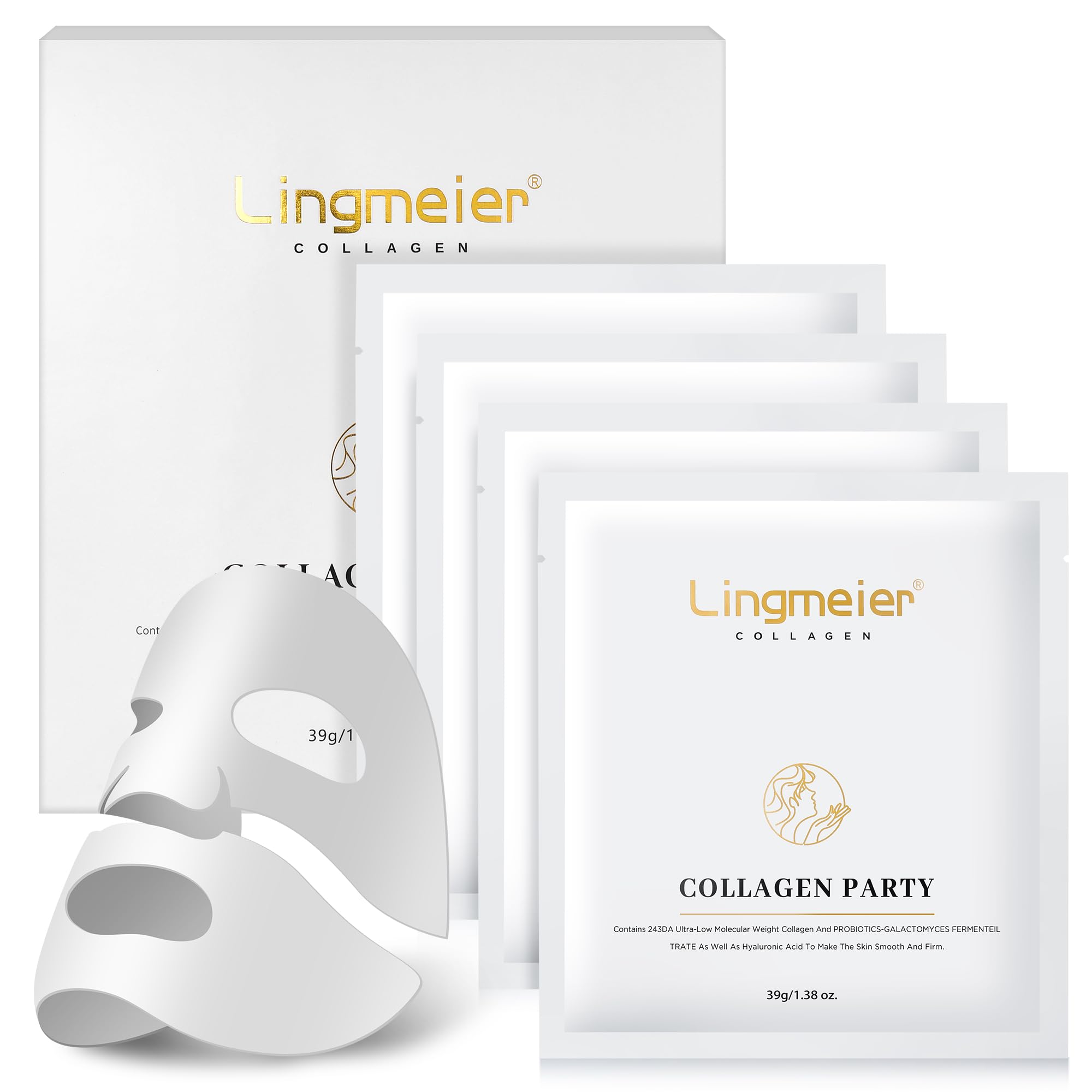 Lingmeier Collagen Face Mask, Real Low-molecular Deep Collagen Collagen 80,000ppm, Overnight Hydrating, Hyaluronic Acid Serum for Face, Original Hydrating Collagen Face Mask, 39g x4 Sheets