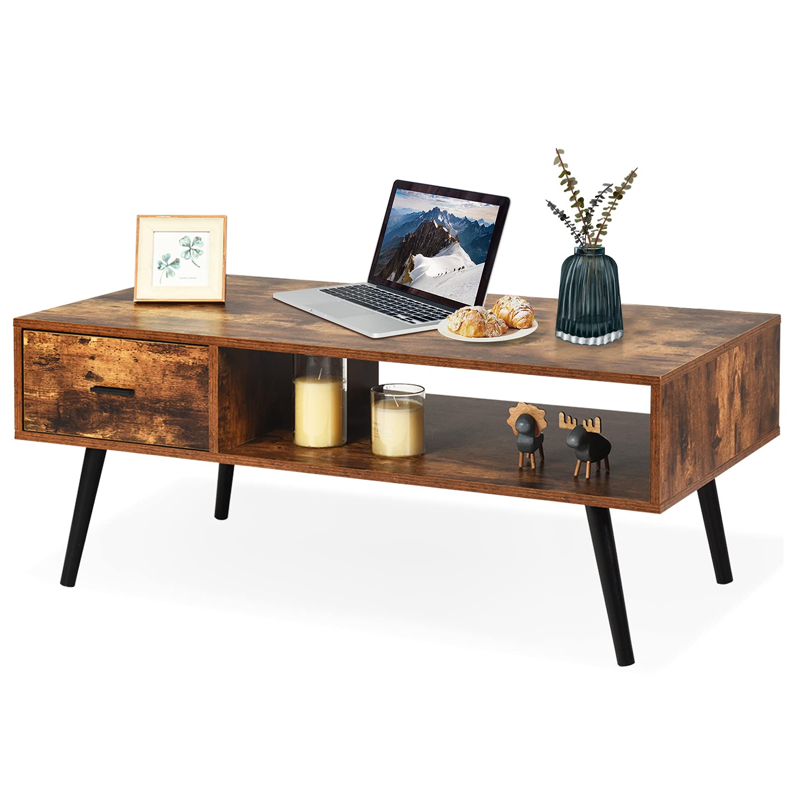 Moccha Coffee Table Accent Table w Drawer Open Storage Shelf Multi Function Table for Living Room Reception Rustic