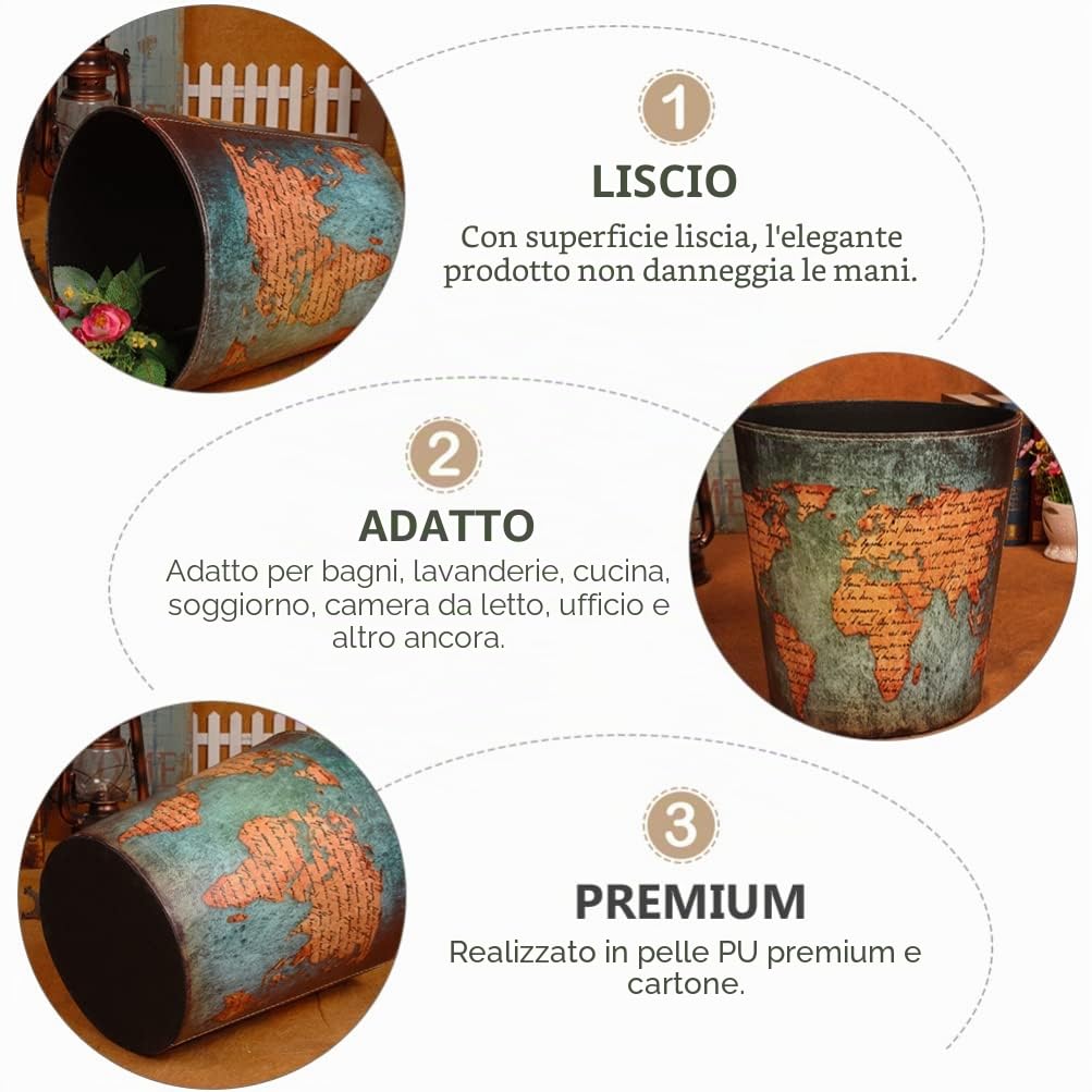 Cestino Getta Carte Vintage Decò 1 Pezzo in Pelle Pu | Struttura Cartone, Superficie Liscia, Apertura Ampia, per Lavanderia e Ufficio