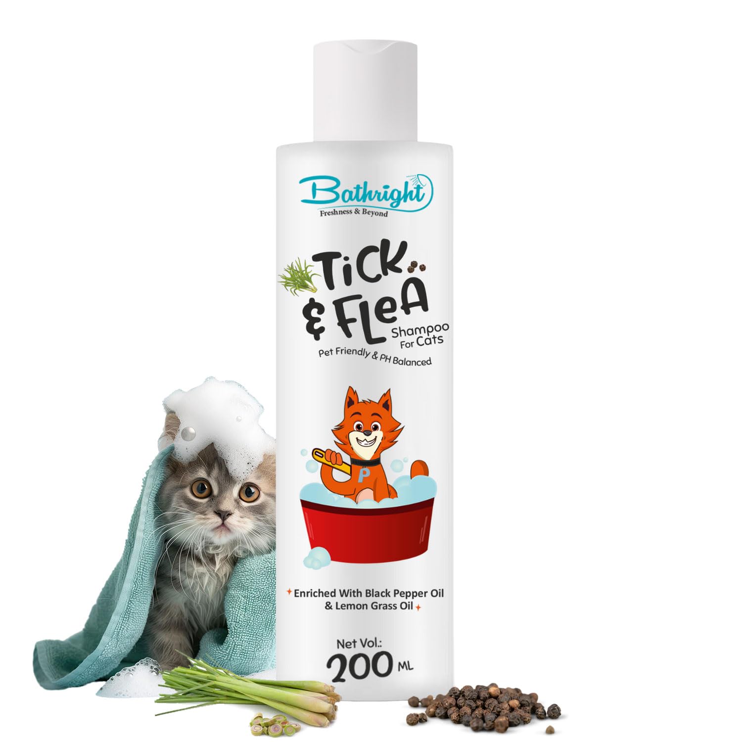 Bathright Tick & Flea Shampoo for Cats- 60 Ml | Natural & Pet Skin Safe | Lemongrass & Black Pepper Oil | Ph Balancing | Pet Shampoo for All Cats (B0CP29ZV59) Amazon Price History, Amazon Price Tracker
