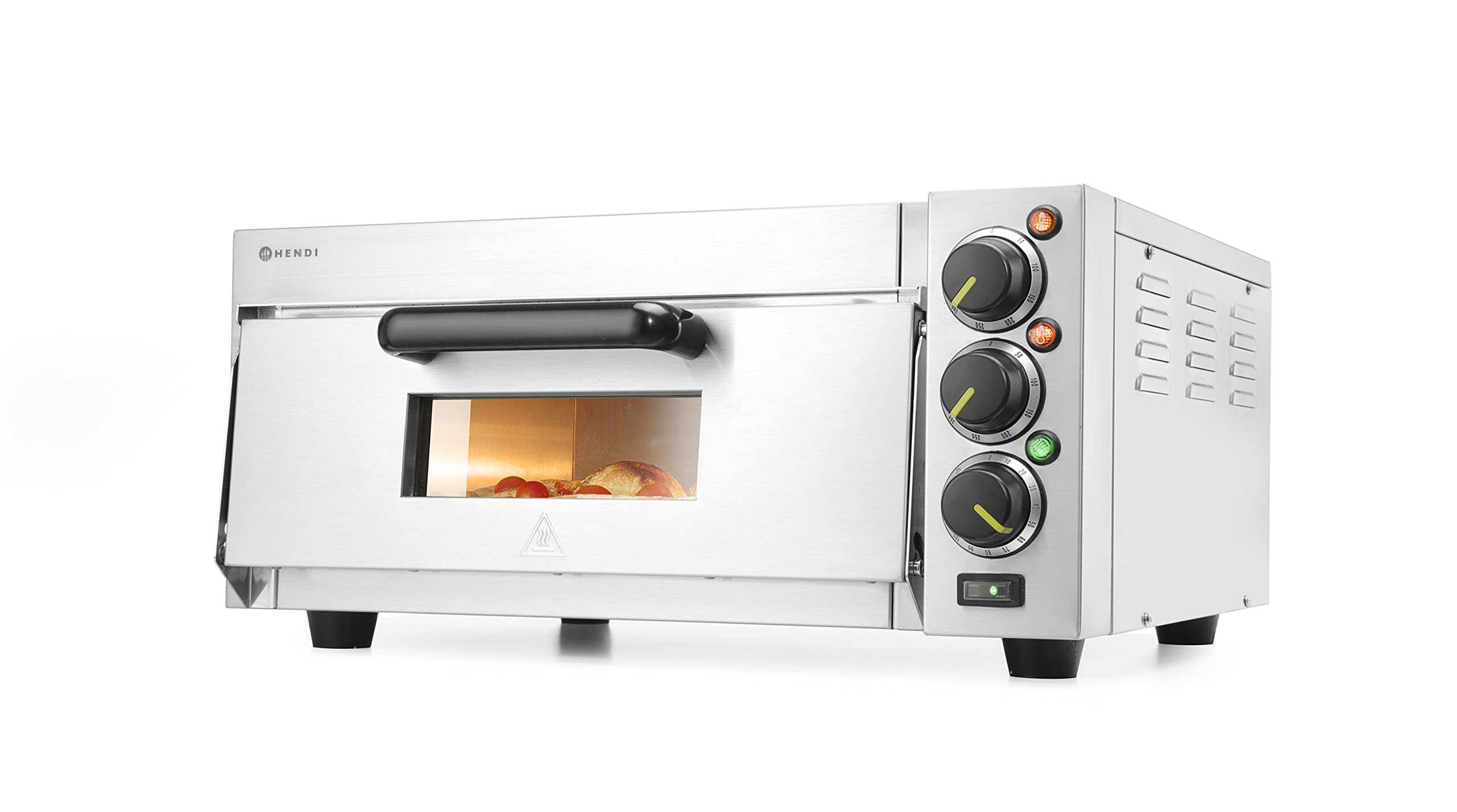 HENDI Horno profesional compacto para pizzas, horno eléctrico, para pizzas hasta diámetro 39cm, 50˚C~350˚C, 230V, 2000W, 580x560x(H)275mm, plateado, cuerpo de acero inoxidable AISI 430