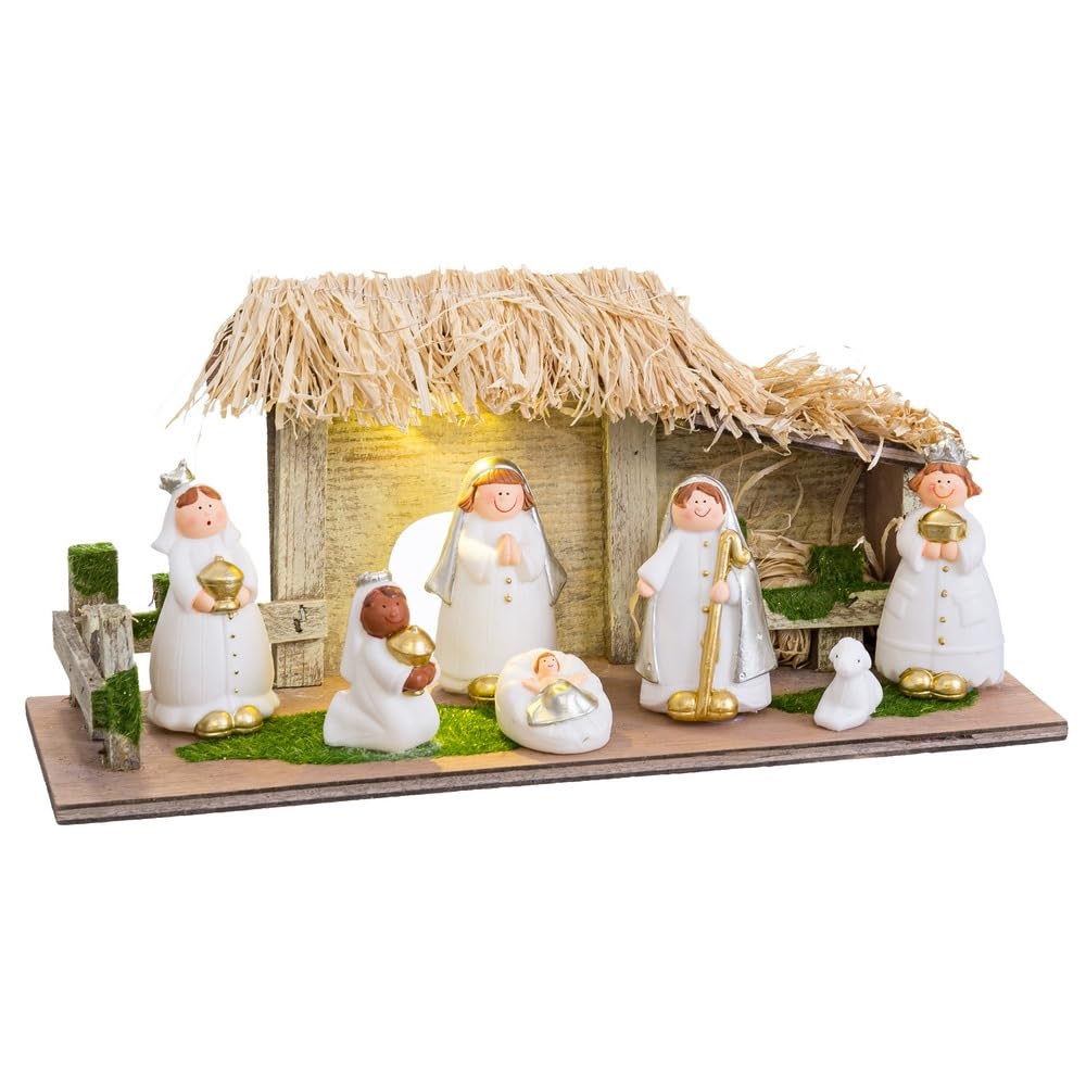 LOLAhome Belén de Navidad Iluminado con Portal y 7 Figuras Blancas