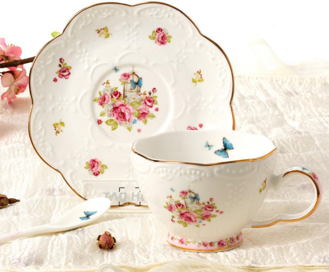 Jusalpha® 7 Oz Porcelain Tea Sets Flower Series Tea Cup and Saucer Set-Coffee Cup Set with Saucer and Spoon FD-TCS11 (Set of 6)