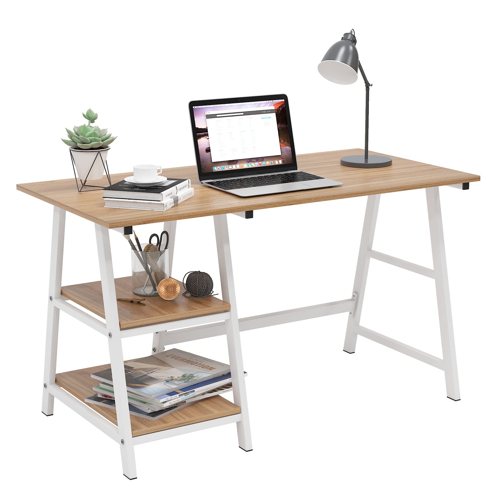 SogesHome Computer Desk 47inches Trestle Desk PC Desk with Shelf Office Desk Workstation for Home Office Use Writing Table, Oak, Tplus-120OK-SH