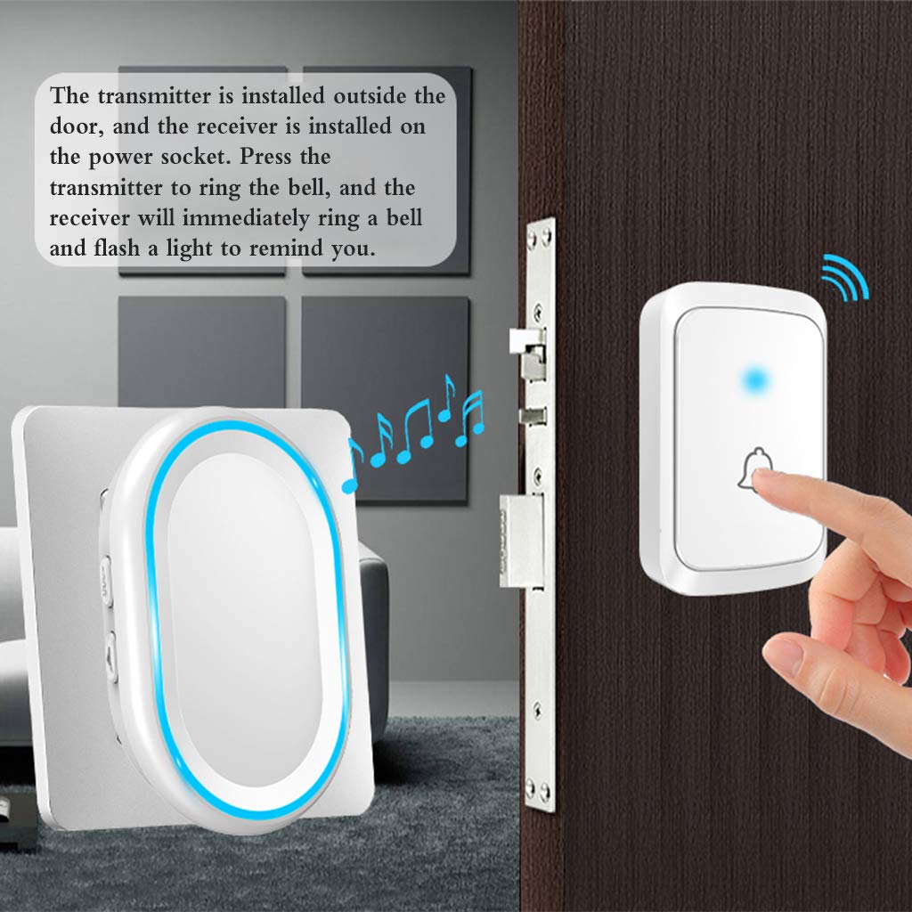 Timbre Inalámbrico, Kit De Timbre De Entrada Inalámbrico De Pared Resistente Al Agua con Alcance De 300 M, 58 Melodías, 4 Niveles De Volumen, Luz Azul, 4 Receptores, Color Negro.