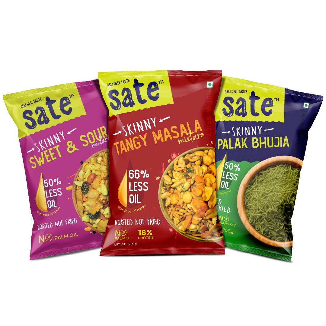 Sate Skinny Combo Pack– Tasty Palak Bhujia Sev ; Yummy Roasted Tangy Masala Mixture with 66% less oil , 18g Protein & 8g Dietary Fibre (in every 100g Mixture) ; Delicious Sweet & Sour mixture ; All products with at least 50% less Oil, No Palm Oil,  (B0D9GPWPL5) Amazon Price History, Amazon Price Tracker