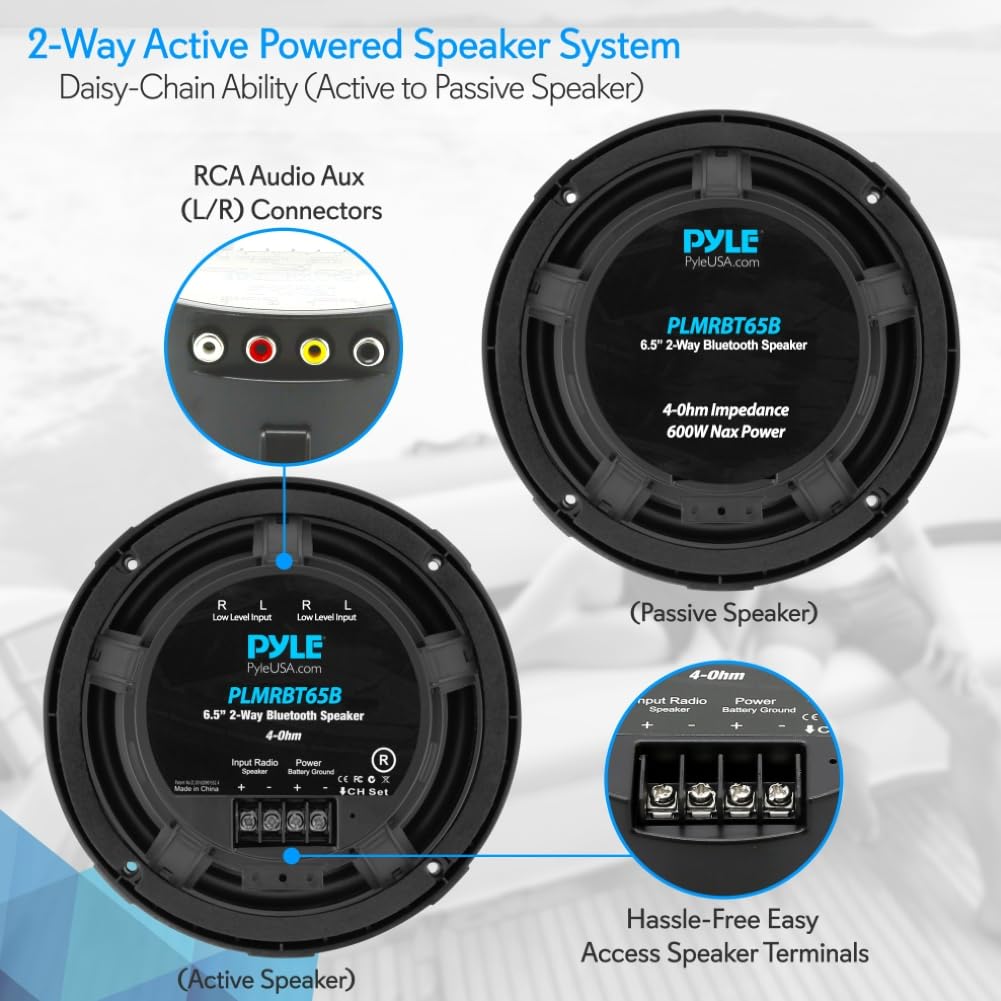 Kit Set para Pyle PLMRBT65B, 2 Altavoces Marinos coaxiales 2 vías con Bluetooth, 16,5 cm 6,5", 300 vatios RMS, 600 vatios máx., 4 ohmios, Resistentes Agua, Pareja + Cables y Tornillos gratuitos