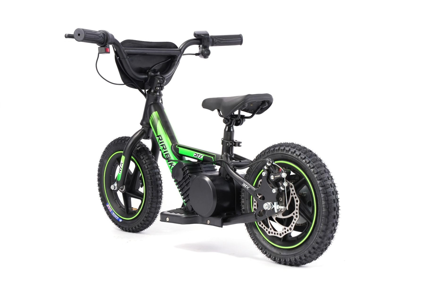 Bici elettrica per bambini RIRIBIKE RTX3 24V (12"), verde, Batteria al litio, Motore 100W, Freno a disco, Sedile regolabile in morbido PU