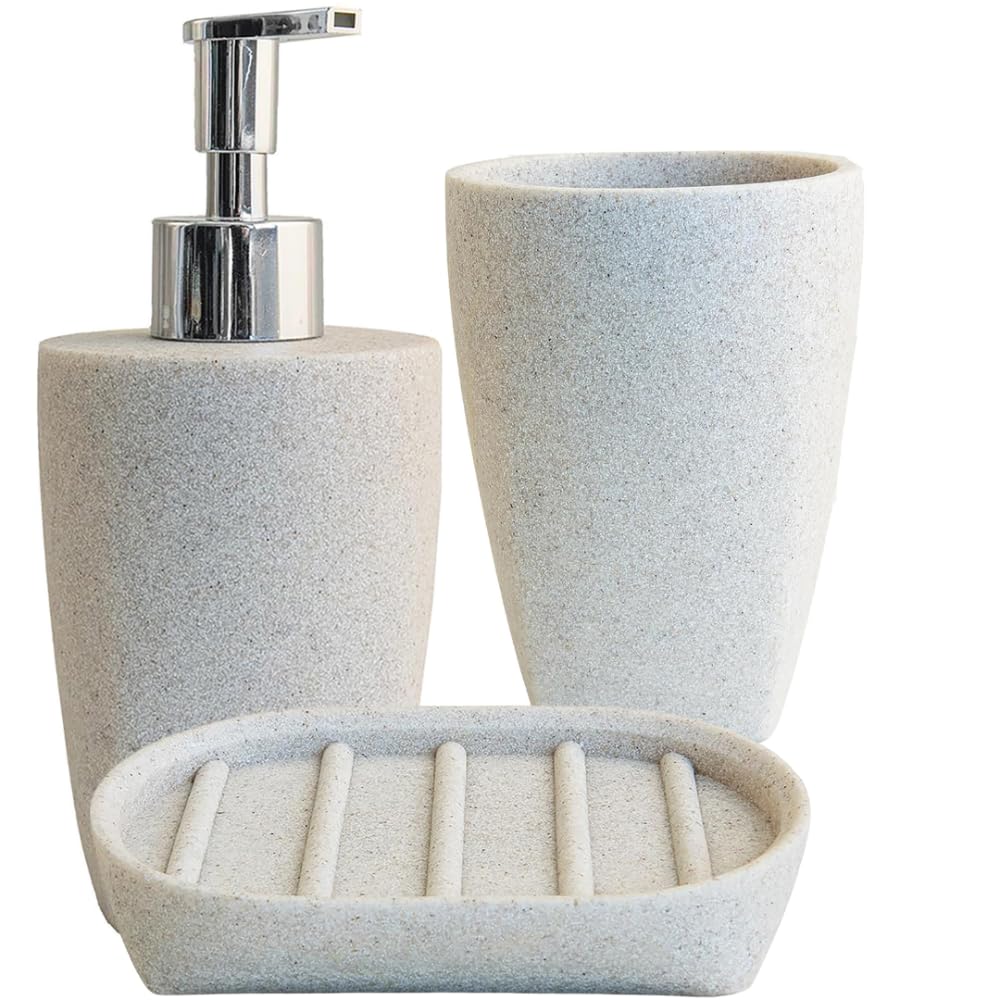 Schläfer 285300 | Set Bagno Completo serie Sable con Dispenser per Sapone, Portasaponetta, Portaspazzolino, Bicchiere da Bagno, Portasapone Liquido in Resina Colore Sabbia Effetto Pietra- 3 Pezzi