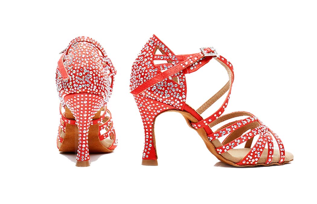 Sandalias de baile moderno latino con correa cruzada para mujer, con diamantes de imitación de tango social, bailes, Tacón marrón de 9 cm. — view 6