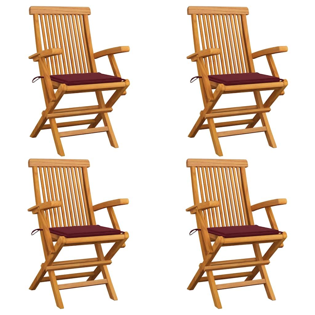 Zestaw 4 krzeseł ogrodowych tekowych z bordowymi poduszkami, składane, drewno tekowe, na taras i patio, o dużej wytrzymałości, eleganckie, do ogrodu