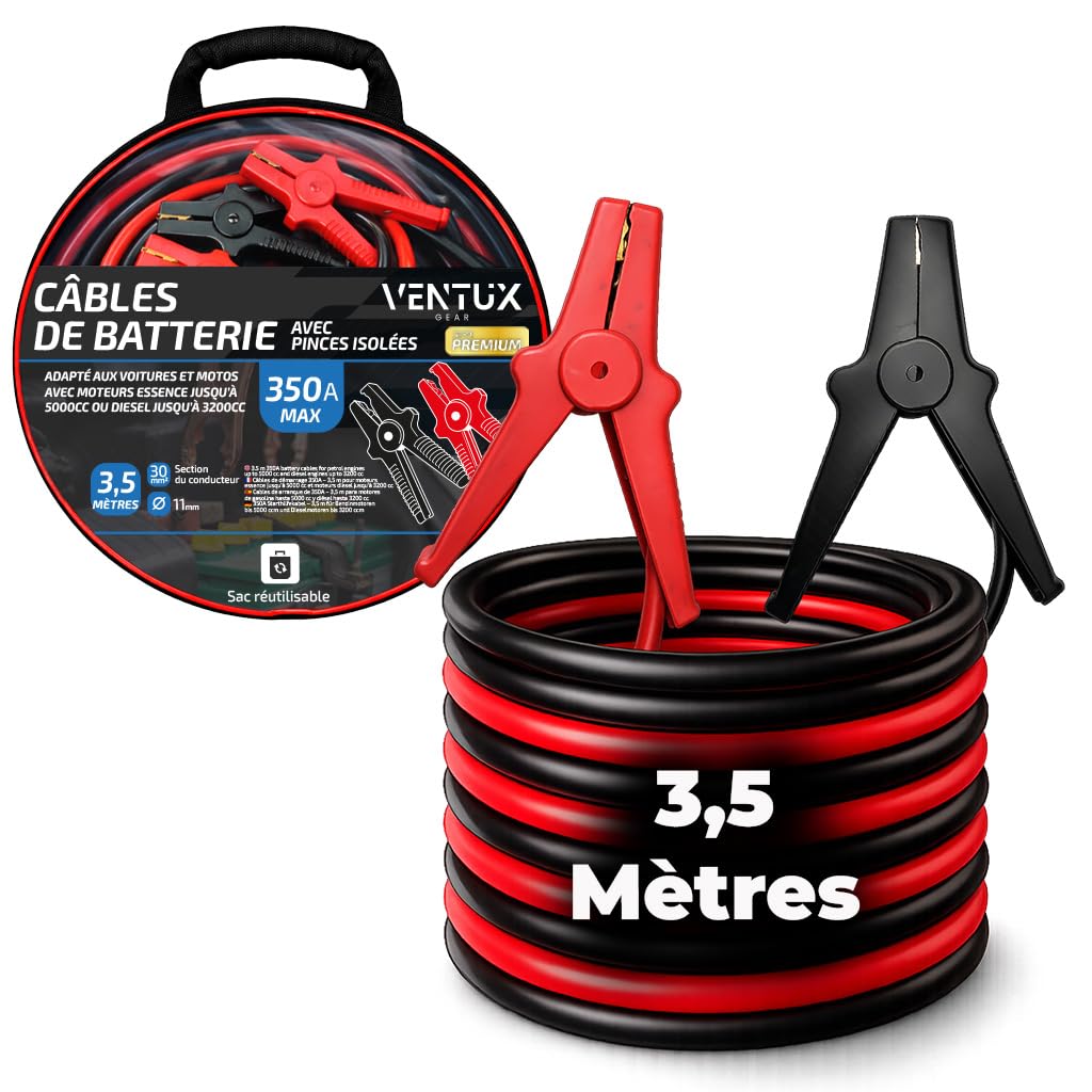 Câbles de Démarrage 350A 3,5 m Cuivre Gainé Pinces Isolées – Essence 5000cc Diesel 3200cc Sac Rangement Inclus