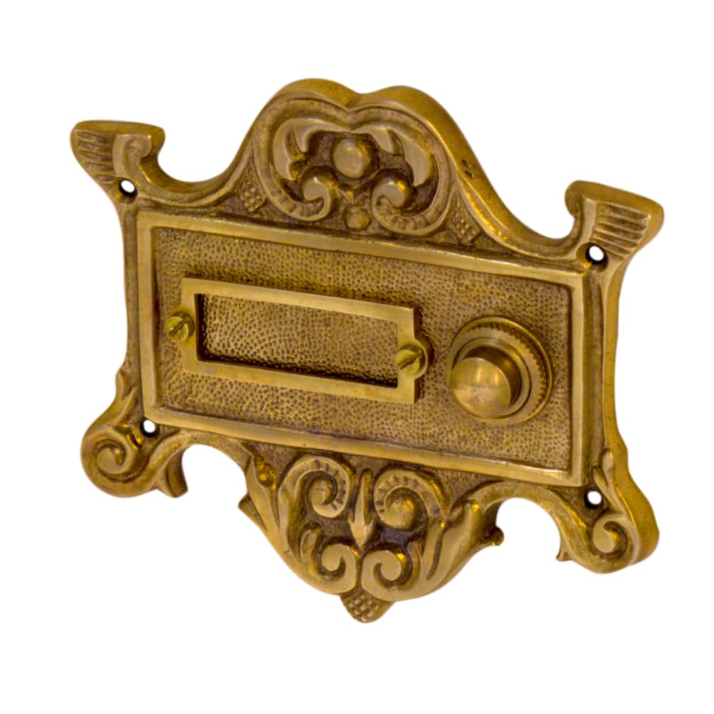 Sonnette de porte antique P9181 en laiton patiné avec plaque de sonnette et bouton de sonnette - Fabriquée à la main selon des modèles anciens