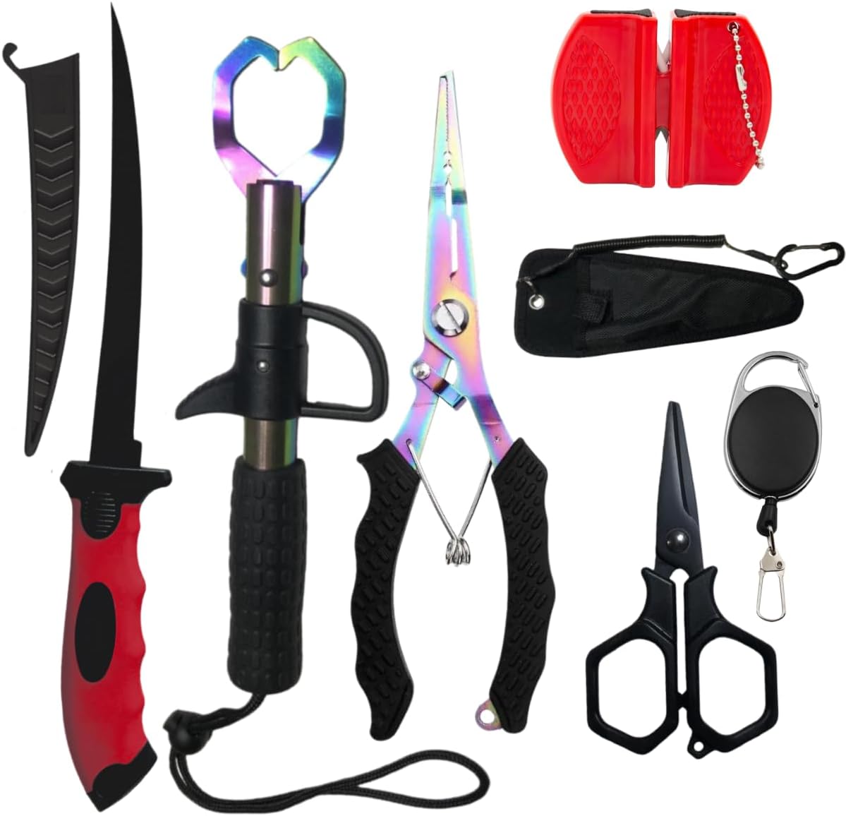 9PCS Pro Fishing Gear Fishing Tool Set, Fishing Pliers with Lanyard, Fish Lip Gripper, Red Fillet Knife, Fishing Braid Scissors, Nylon Sheath, Retractable Tool Tether, Sharpener, Fishing Gifts for Men