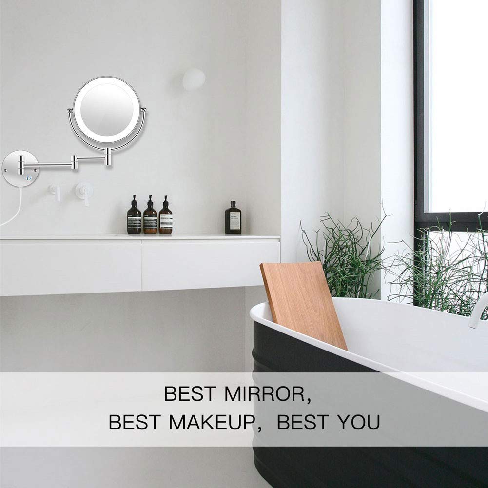 GuyAna Specchio da Barba a LED per Bagno, Specchio cosmetico Girevole su Entrambi i Lati con Montaggio a Parete, ingrandimento 10x, Estensione da 13,7", Luce Regolabile con Pulsante a sfi