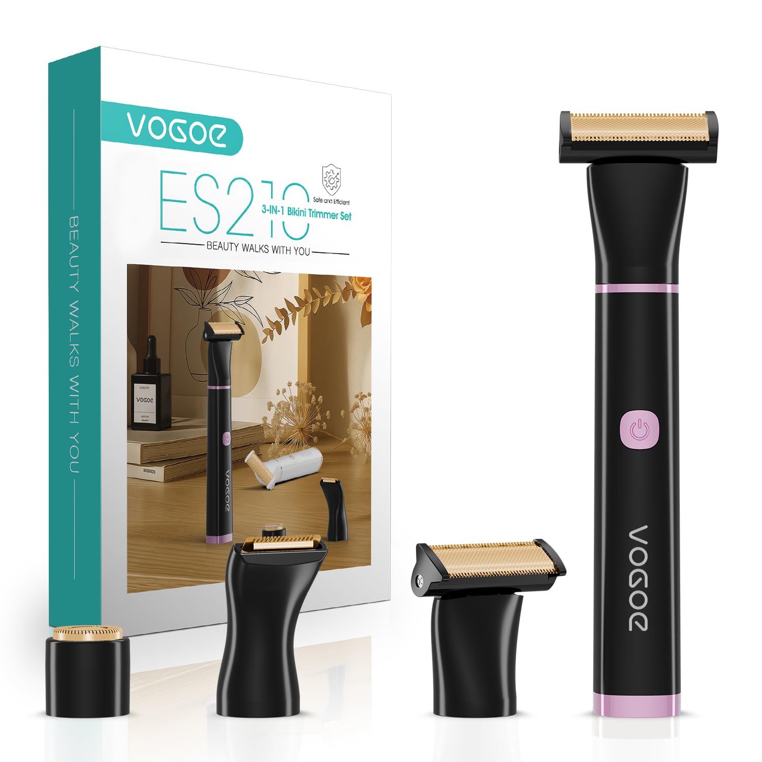 VOGOE Rasoir Electrique Femme, Tondeuse Femme 3-en-1, Tondeuse Femme Intime Sans Fil, Compacte et Étanche pour Corps, Visage et Zone Bikini, Noir ES210