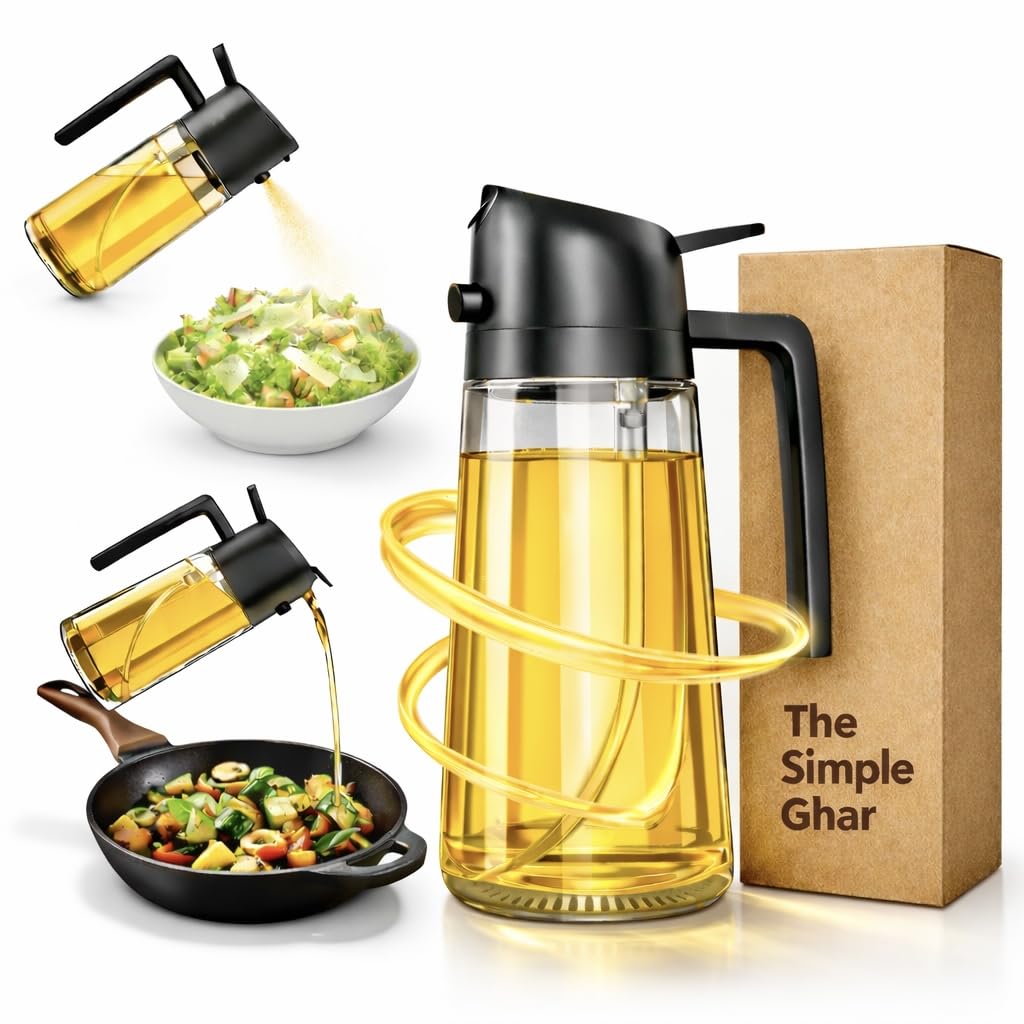 Oil Sprayer Bottle for Cooking 2‑in‑1 Glass Dispenser Spray & Pour Bottle Dispenser with Nozzle for Air Fryer, BBQ, Roasting, Frying, Kitchen & Salad Leak-Proof, Reusable 500ML Multicolor