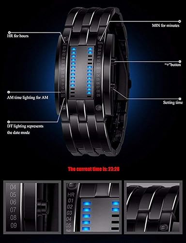 Miniatura 3 de Reloj digital binario creativo para hombre, reloj LED de matriz único, futurista, de acero inoxidable