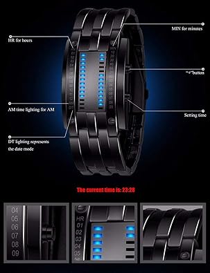 Mens Creative Binary Digital Watches Unique Matrix LED Watch Futuristic Cool Stainless Steel Wrist Watch
