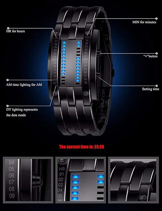 Mens Creative Binary Digital Watches Unique Matrix LED Watch Futuristic Cool Stainless Steel Wrist Watch