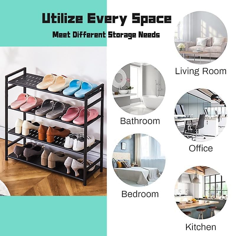 Image of 5 Tier Metal Shoe Rack for Entryway, Shoe Storage Organizer, Multi Layer Shoe Stand, Heavy Duty Shoe Shelf for Home, Bedroom, Closet & Living Home (Black, 4-Tier)
