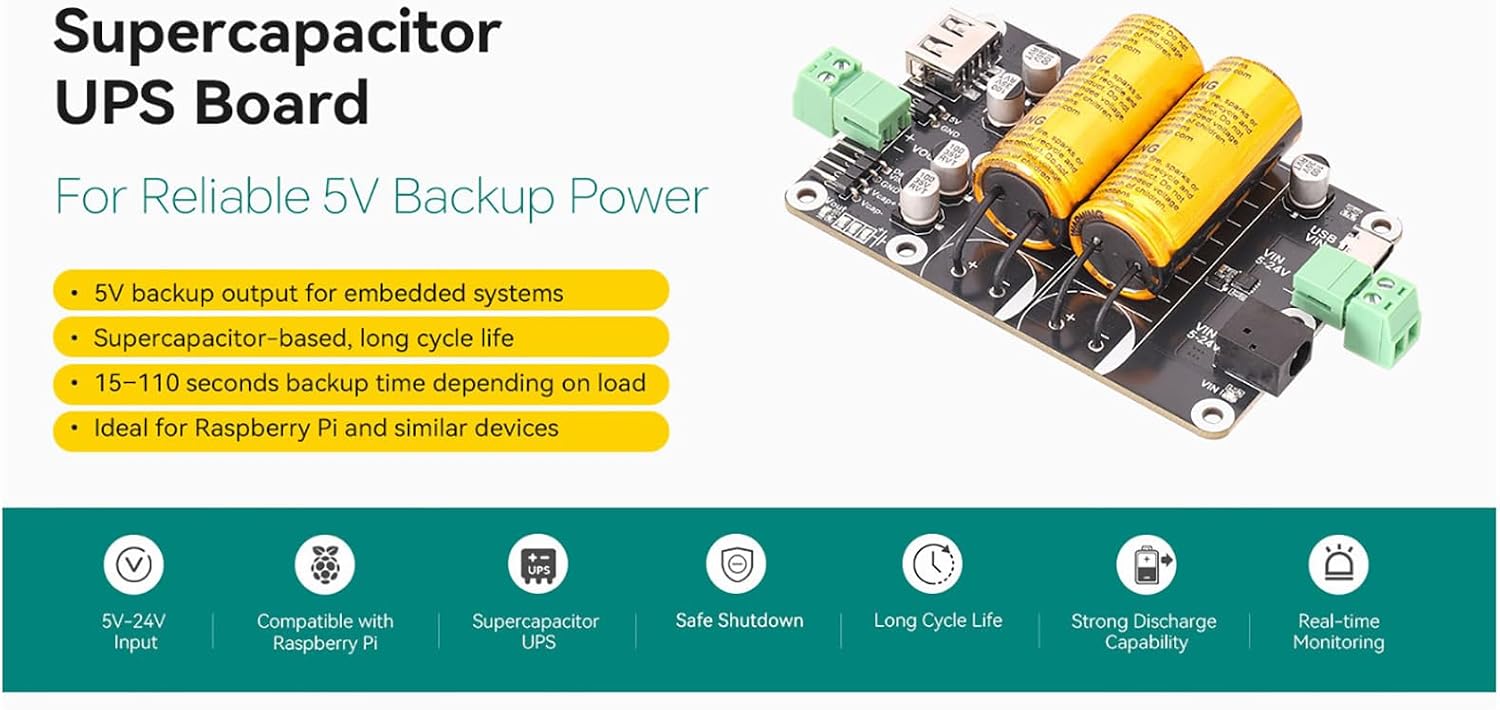 SCap Supercapacitor UPS Module 5V Output, 5V-24V Input Backup Power Board, Dual Supercapacitors, Type-C/DC/Screw Terminal Input, USB-A/Screw/Header Output, 15-110s Hold-Up, Protections, Status LEDs