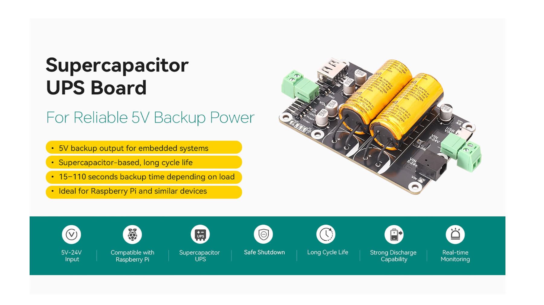 SCap Supercapacitor UPS Module, 5V Backup Power Board | 5V output UPS module with 5V-24V input, dual supercapacitors, Type-C/DC input, USB-A and header outputs with protection