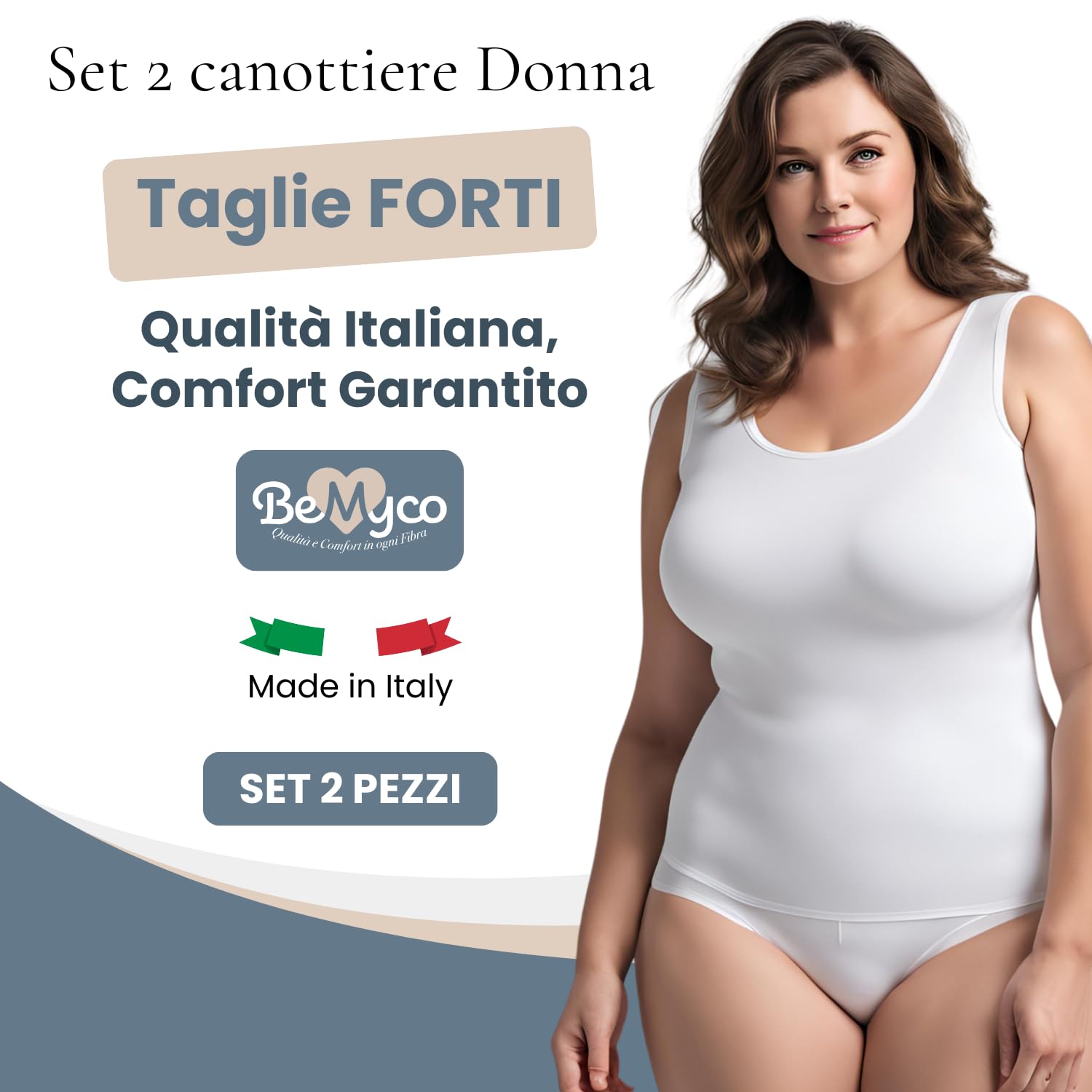 Set 2 Canottiere Donna Cotone Elasticizzato - Taglie Forti Curvy, Spalla Larga, Intimo Donna, Canotta Elegante, Made in Italy