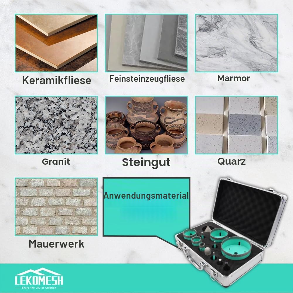 Diamant Fliesenbohrer Bohrkrone Kit - 12pcs (6/6/8/20/35/50/68/100mm+20mm Diamant Fingerfräser+50mm Fasenfräser+SDS/HEX Adapter) Für Porzellan Keramik Fliesen Marmor Granit, M14-Gewinde