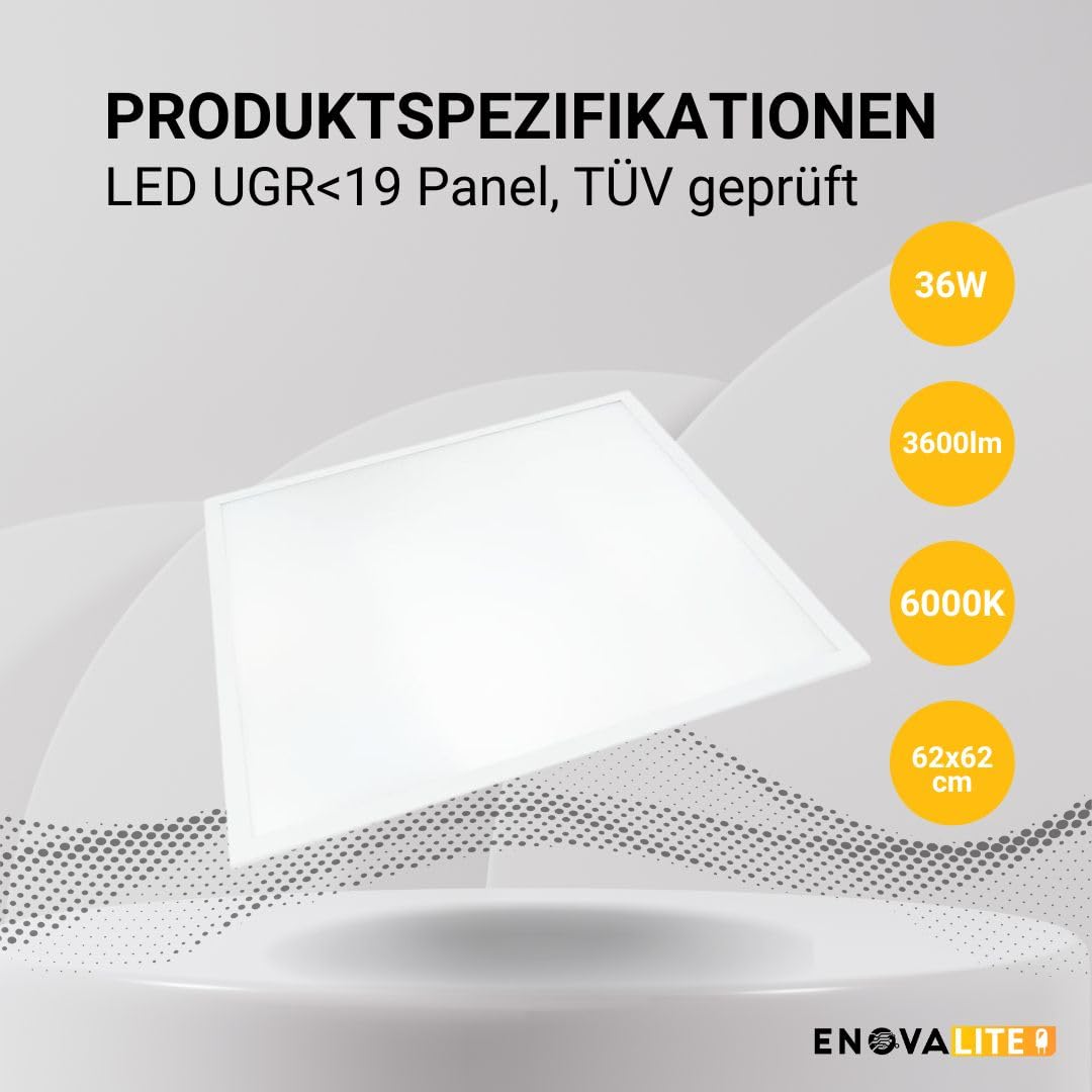 LED Panel 62x62 cm 36W 6000K Kaltweiß 3600lm UGR19 flimmerfrei blendfrei flache Einbauleuchte Rasterdecke 230V 620x620x0,9mm