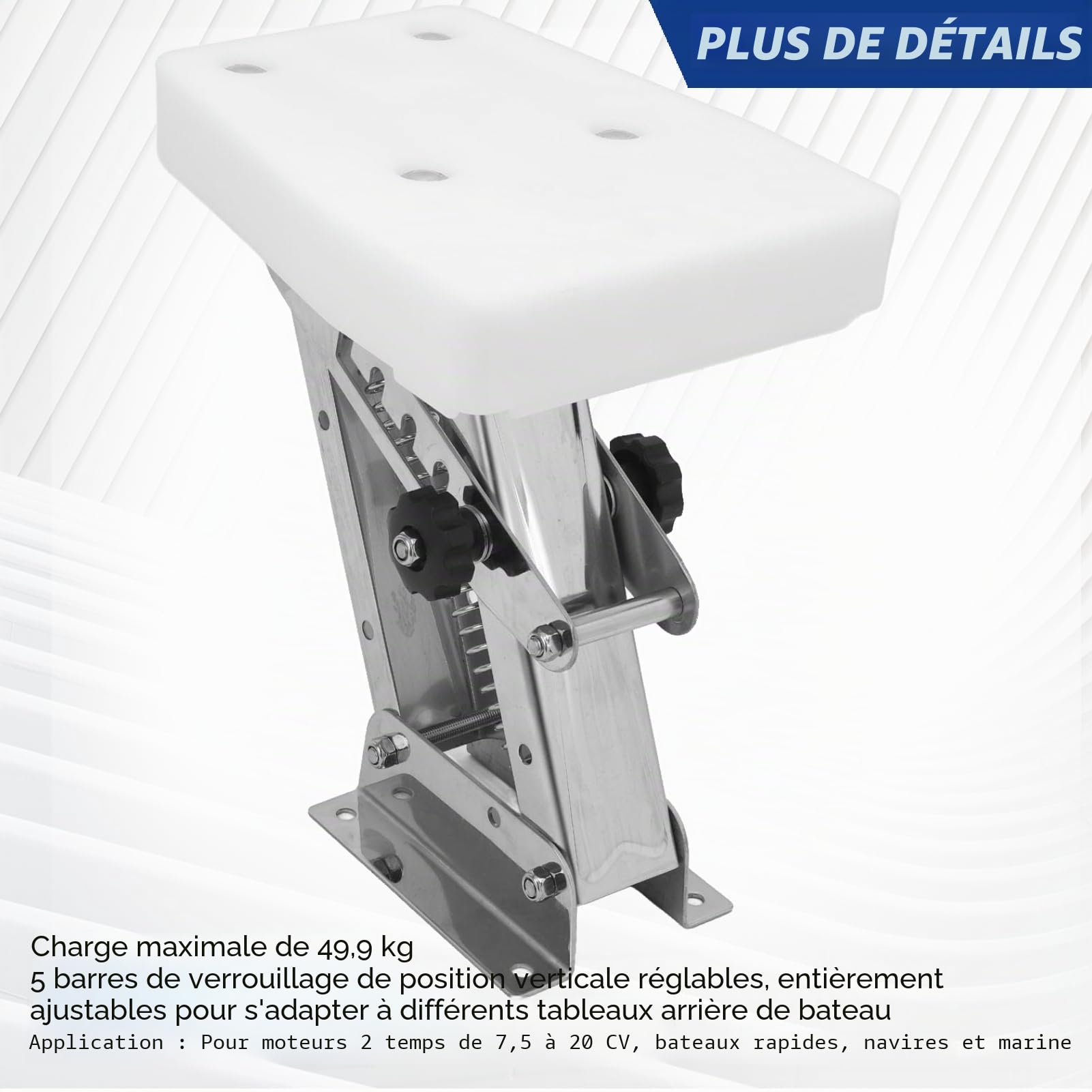 Support de moteur hors-bord, support de moteur hors-bord à 2 temps, charge maximale de 7,5 HP à 20 CV, support de moteur de bateau réglable en acier inoxydable 304 – Blanc