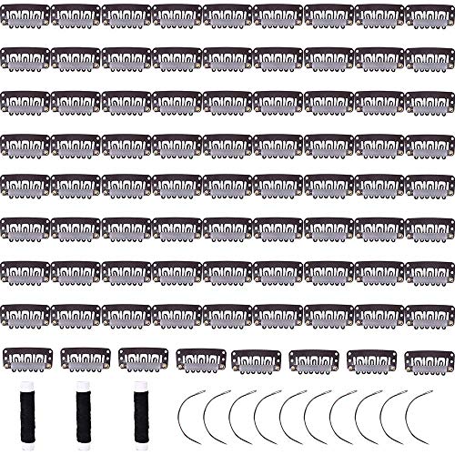 fani 80 Pcs U-shape Snap Clips 6-Teeth Brown Metal Clip for Hair Extensions Clips with Soft Rubber,3.3cm/1.3inch (Brown, Come with 3 Black Weaving Thread and 10pcs Needles)