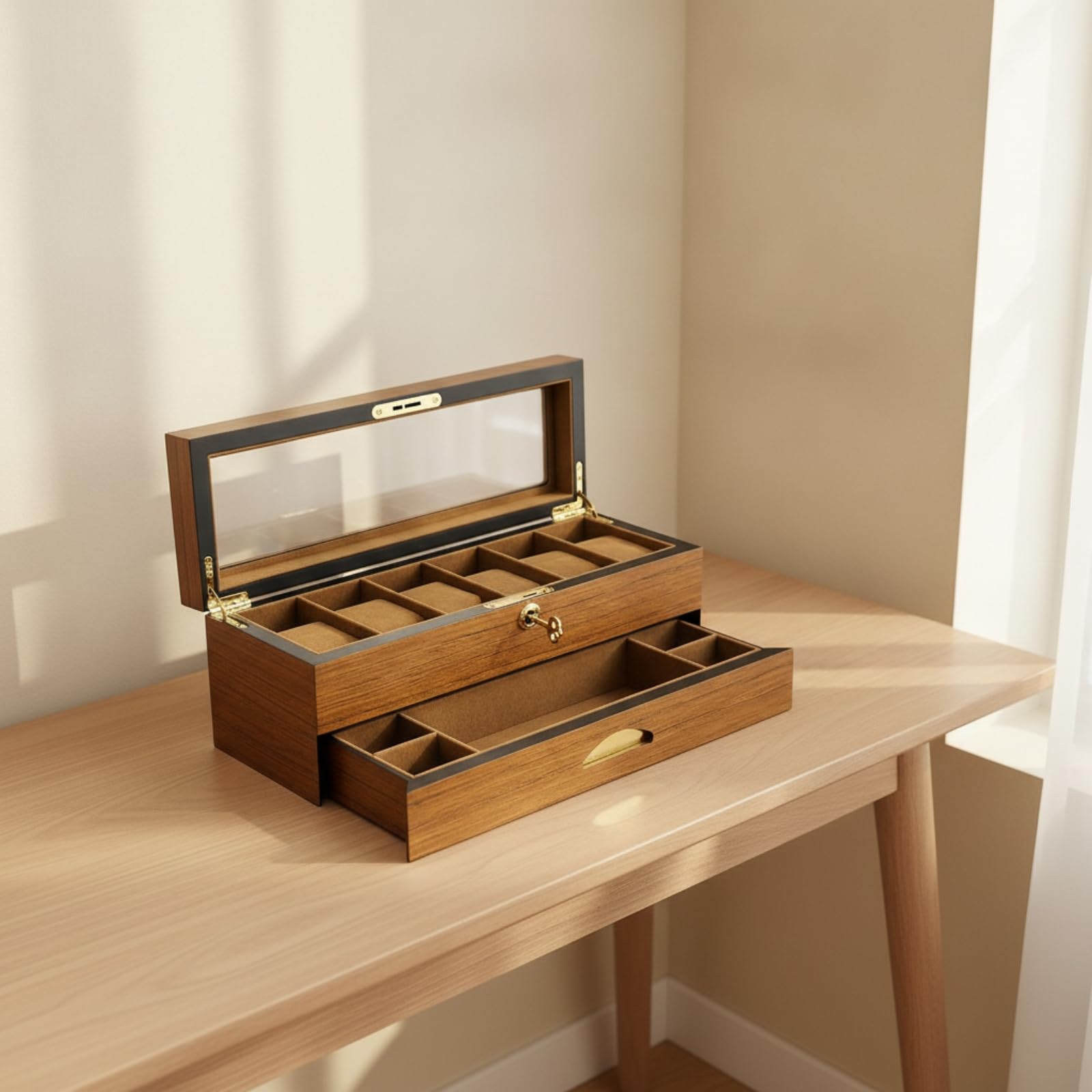 Organizador Relojes con Tapa Cristal Joyero con Cierre Suave Organizadora Joyas Tapa Cristal para Coleccionistas, Tocador, Caja De 6 Relojes De Doble Capa Con Cajón, Acabado En Teca