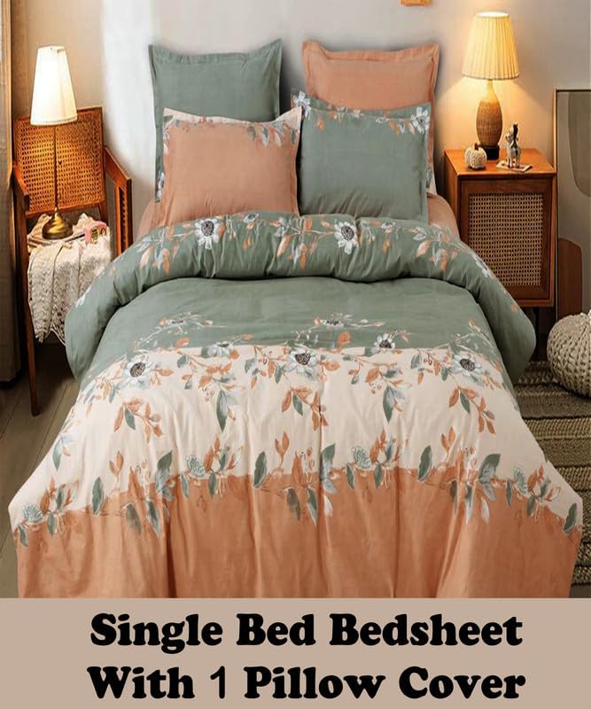 Image of Polycotton Single Bed Bedsheet, Flat Sheet with 1 Pillow Cover, Queen (60x90 inch), 300 TC, Green & Orange, Set of 2