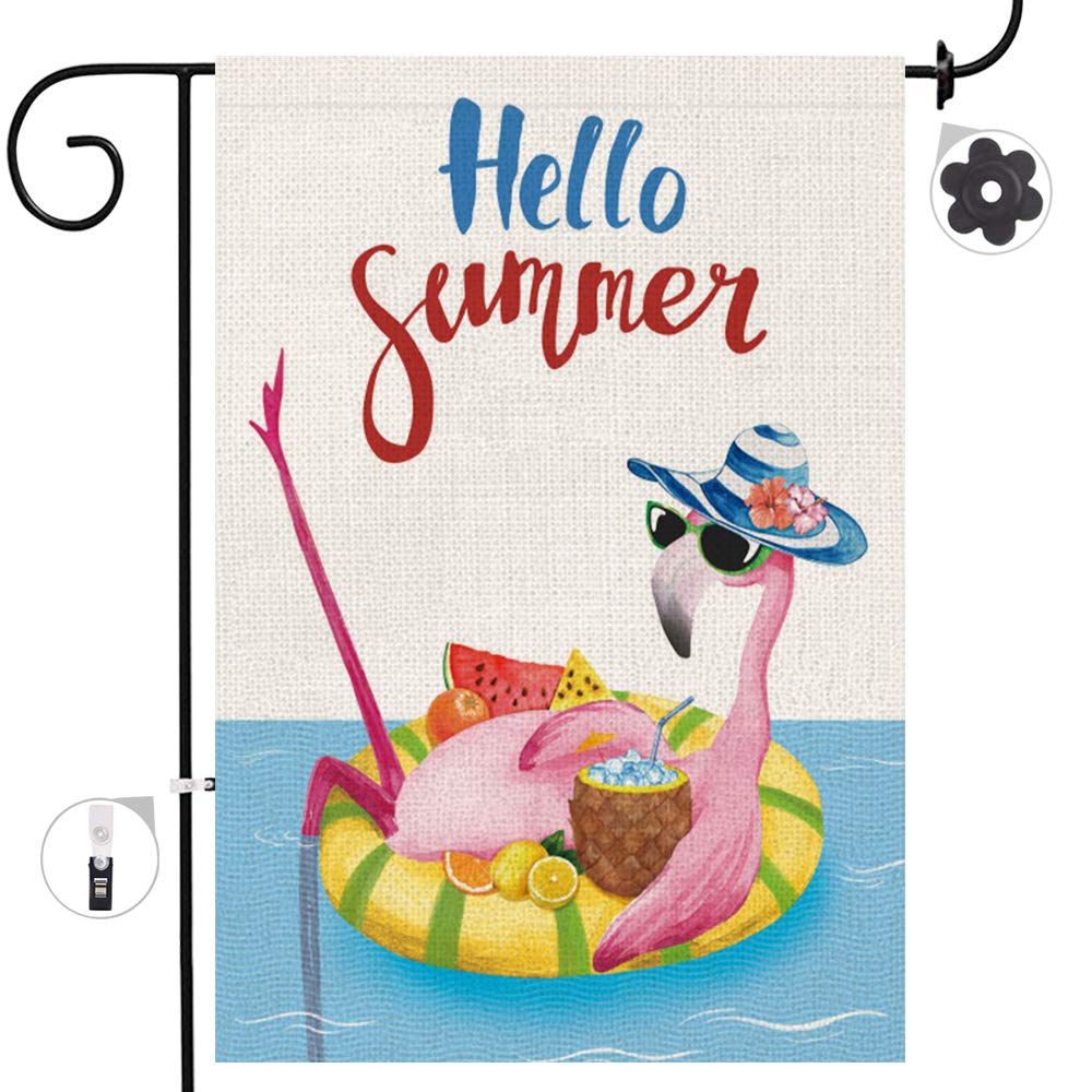 Bonsai Tree Summer Garden Flag Double Sided, Pink Flamingo Hello Summer Vertical Burlap Yard Flags 12 x 18 Prime, Pineapple Lemon Home Lawn Pool Decorations Outdoor