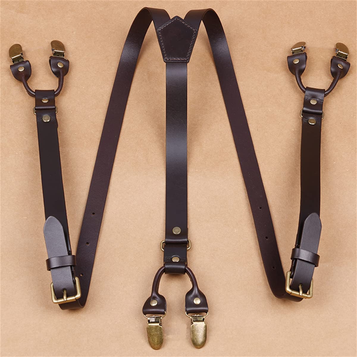 Tirantes para Hombre, Tirantes de Cuero Resistentes en Forma Y Menu2019 (6 Clips metálicos, Correas Ajustables)(Deep Brown)
