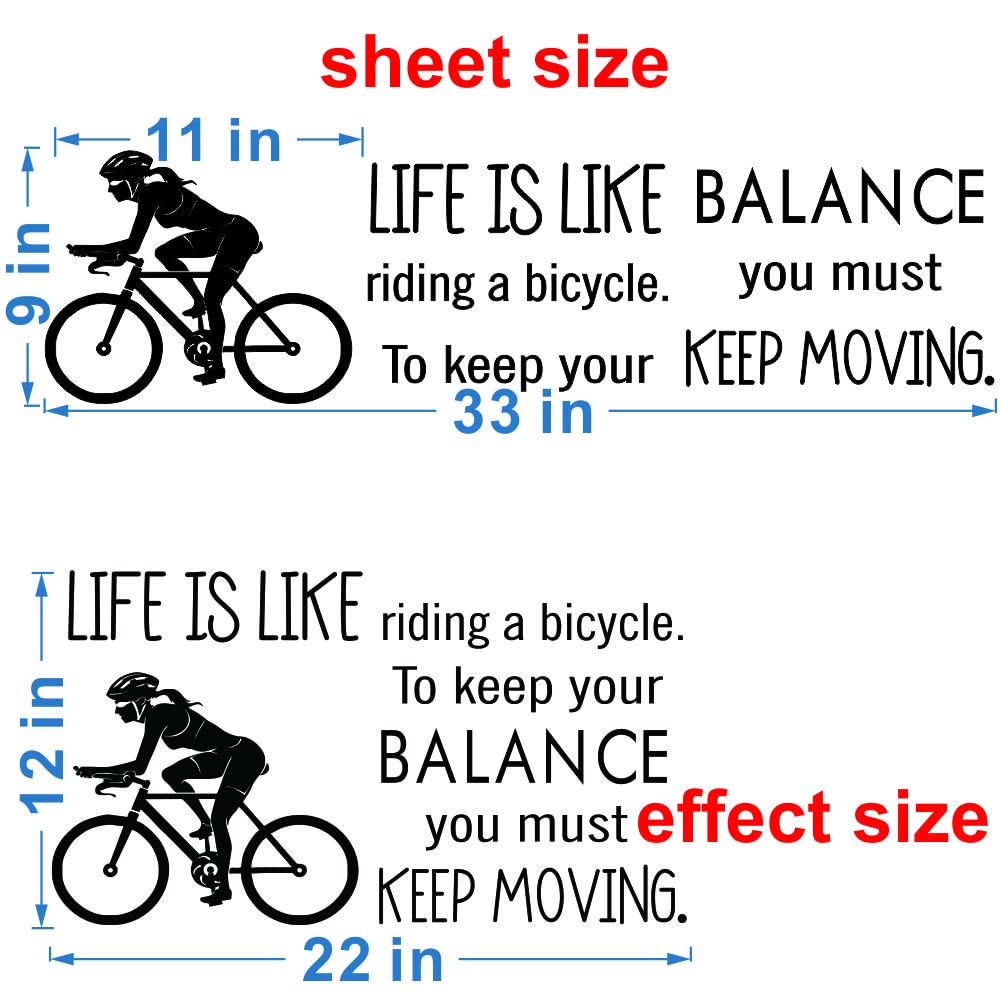 ANFRJJI Bicycle Wall Decal - Removable PVC Sticker with Inspirational Quote “Keep Balance and Keep Moving” - Bike Mural Art for Bedroom, Study, Gym, Office, or Workout Room - 12