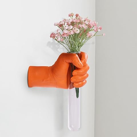 XYQXYQ Orange Wall Sculptures, Hand Vases Home Decor, Wall Mount Art Sculpture, Unique Wall Art Statue, Funky Flower Vase Decorations, Modern Eclectic Hanging Decor,Glass Test Tube Vase (Orange)