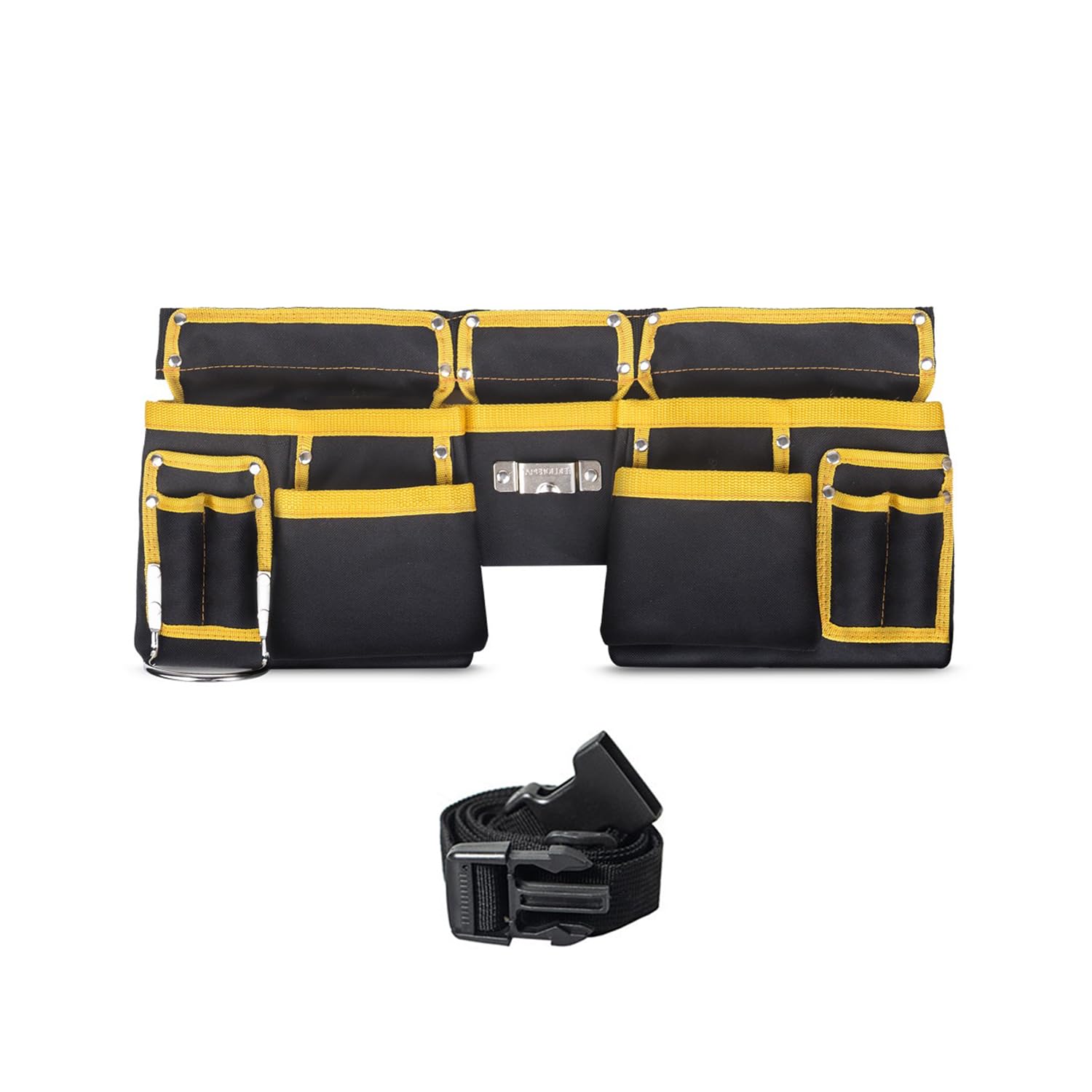11-Pocket Heavy Duty Tool Belt for Men - Yellow and Black Construction Pouch With Quick Release Buckle, Adjustable Up to 48" for Electrician,