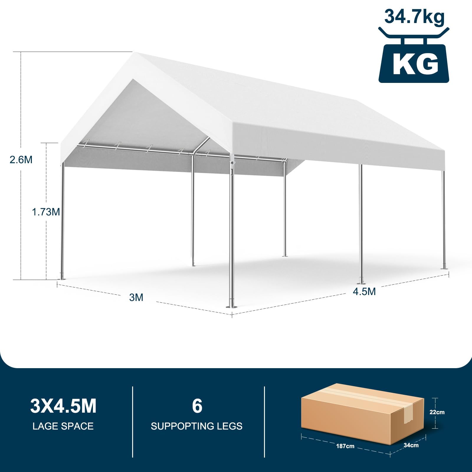 MasterCanopy 3 x 4,5 m verzinkter Stahl Garagenzelt Lagerzelt Gerätehaus Carport PE Dach, Weiß