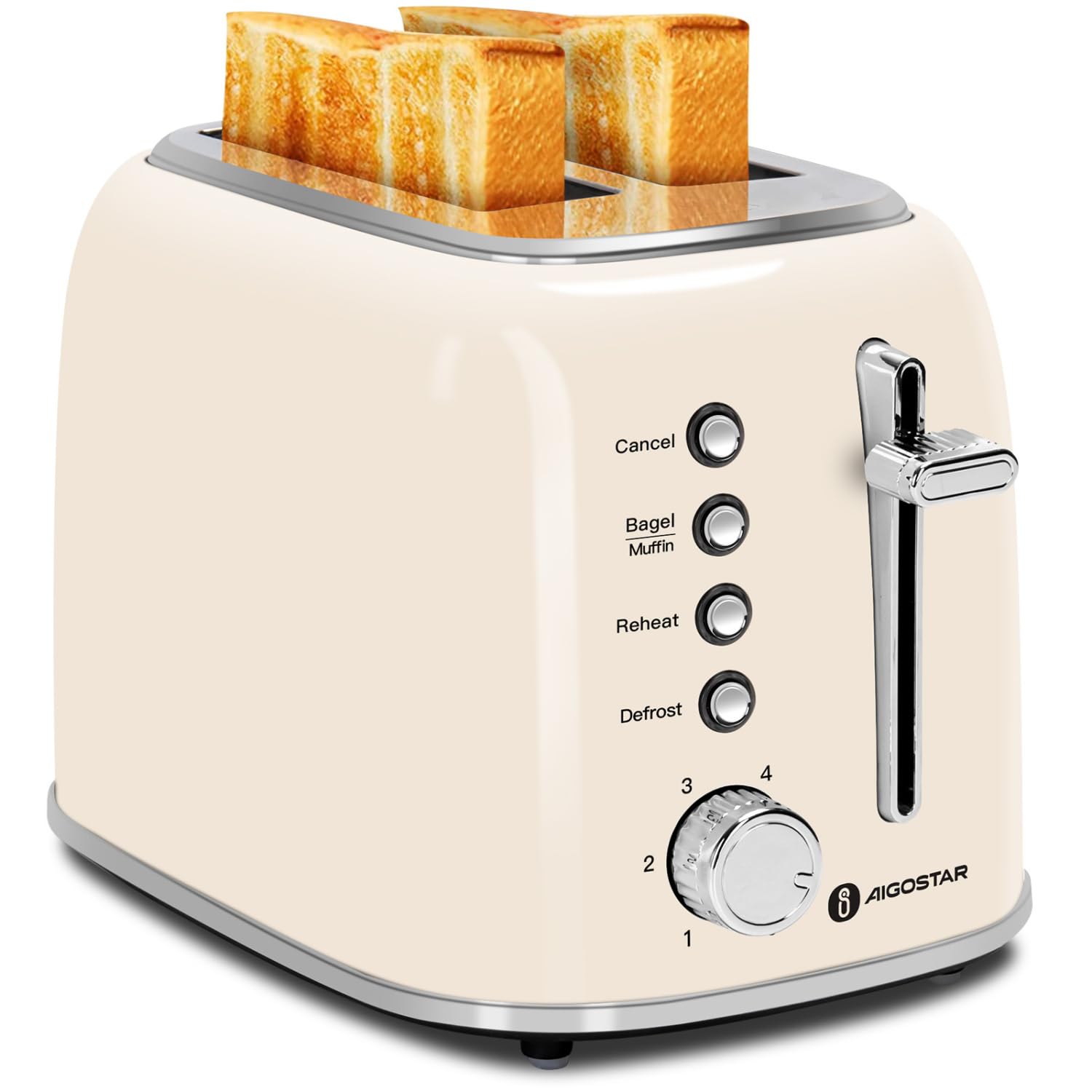Aigostar Toaster 2 Slice - Extra Wide Slots for Bagels & Crumpets - 800W Retro Stainless Steel Toaster with 6 Browing Levels, High - Lift, Defrost Reheat Cancel Functions, Removable Crumb Tray, Cream โ image 1