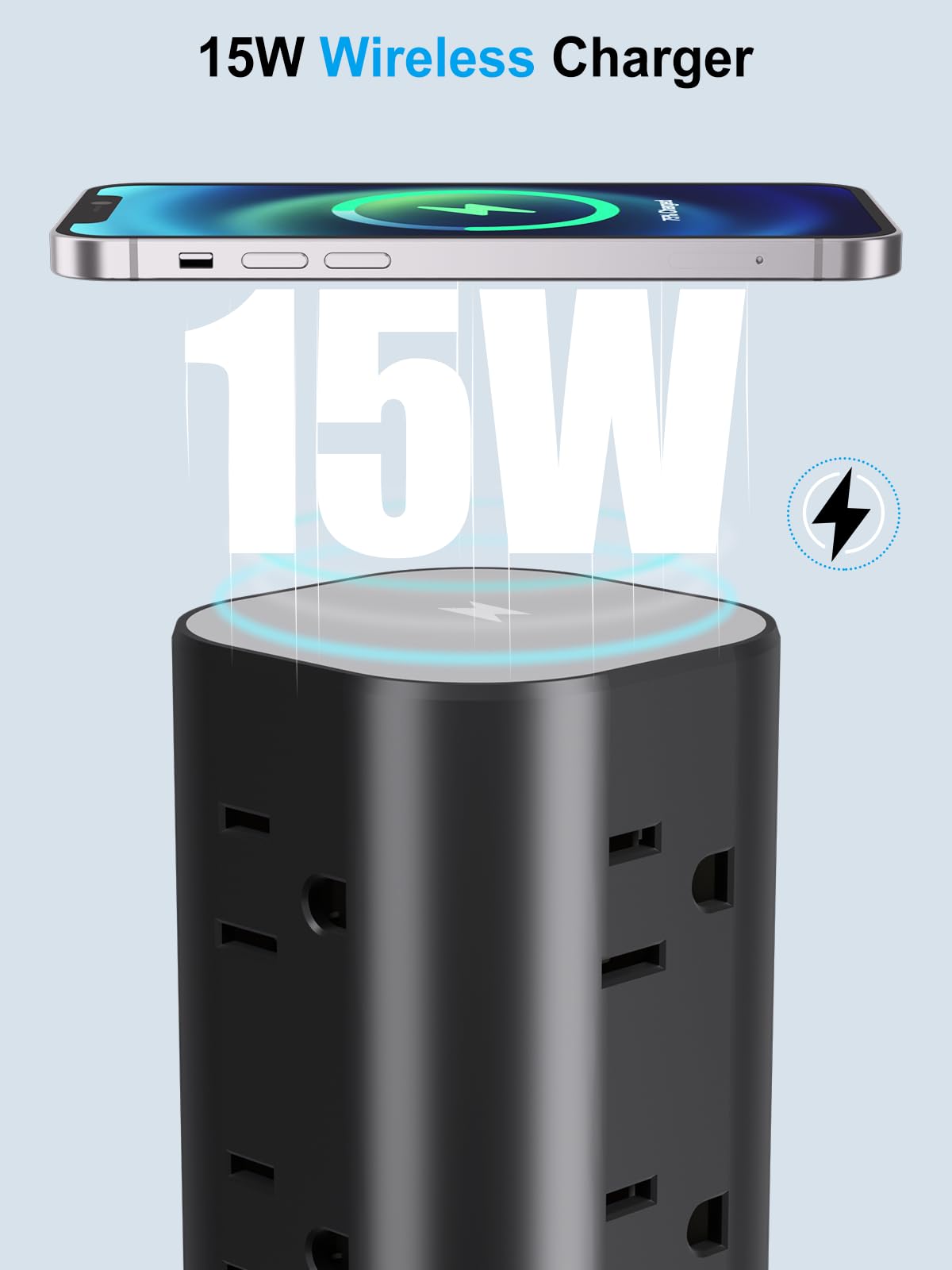 Multiprise avec chargeur sans fil, parasurtenseur à prise plate avec rallonge de 1,8 m, 12 prises CA multiples, 4 USB (2 USB C), tour d'alimentation