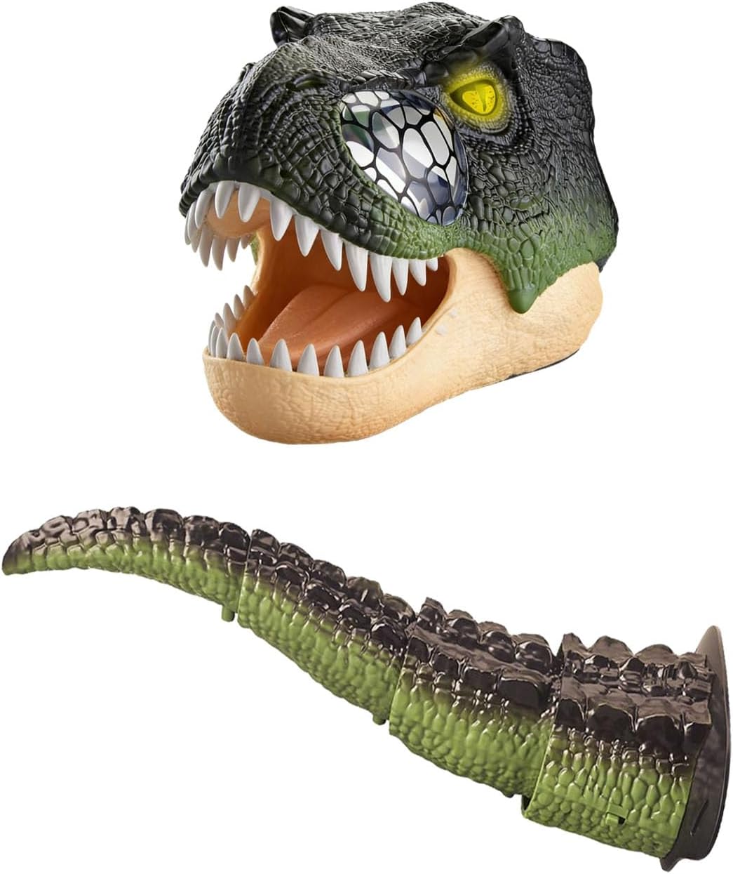 3Pcs Funny Wagging Electric Dinosaur Tail with Dino Mask Claws Costume Accessory, T-rex Tails for Dino Party Favors Dress Up, Halloween Realistic Moving Jaw Dinosaur T-rex Mask Tail Claws Set