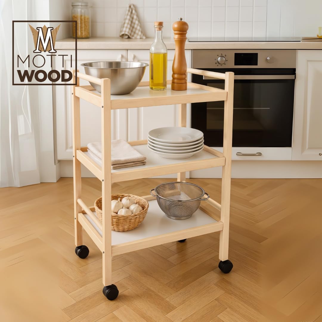 Carrello Multiuso, 3 Ripiani, 100% Legno Faggio, 28x40xh64.5 cm, Con Rotelle