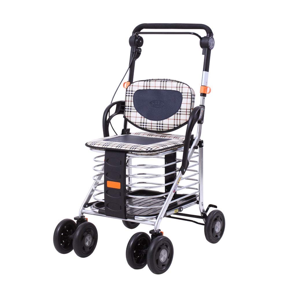 Carrito de Compras para Personas Mayores con Canasta de Almacenamiento | Andador Plegable con 6 Ruedas y Asiento, Frenos bloqueables, con Tira Reflectante Nocturna, Silla de Descanso de tran
