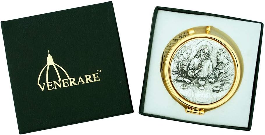 Genuine Italian Crafted Pyxes | 11 Different Designs | Beautiful and Durable Pewter and Gold Tone Metal | A Great Gift for Traveling Communion | Christian Home Goods (Last Supper)