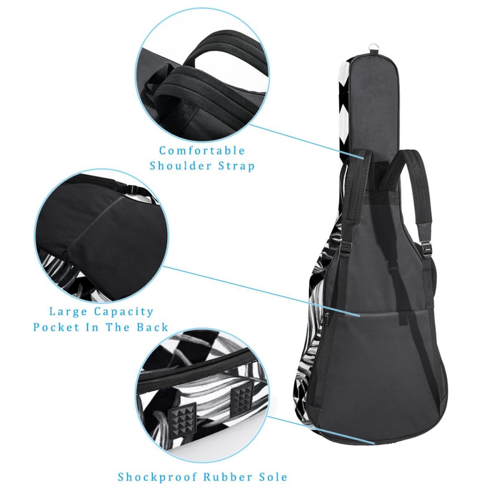 Art Sac pour guitare acoustique avec bandoulière réglable et crochet arrière, convient pour guitares électriques, basses, guitares classiques, ukulélé, noir et blanc 106,7 cm, Art Noir Blanc Feuilles