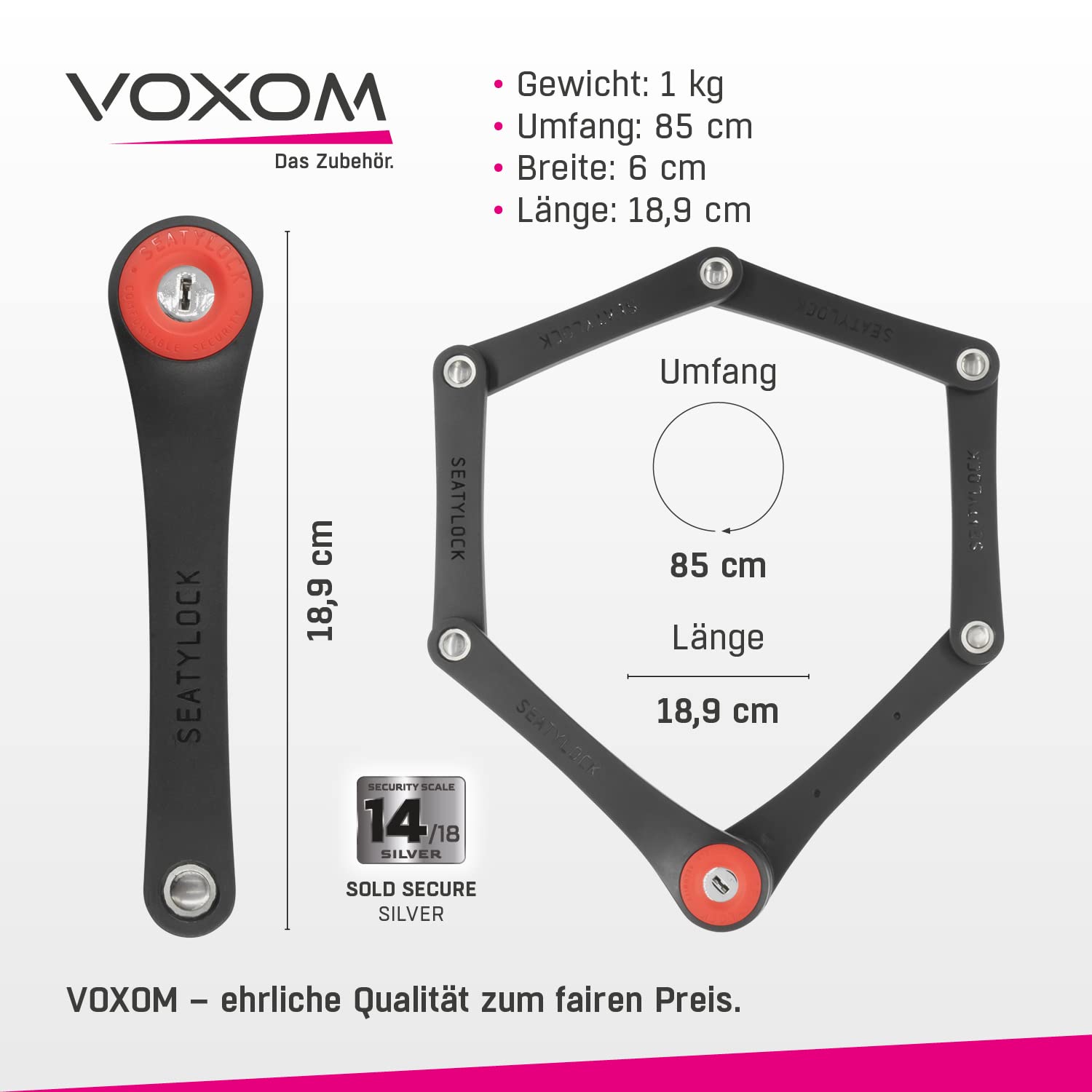 Voxom Fahrradschloss Foldylock Compact, Schwarz, 85cm