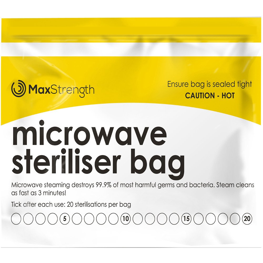 Max Strength Premium Microwave Sterilizer Bags (20pcs) by , Large & Durable Steam Bags for Baby Bottles, Soothers, Teethers & Training Cups, 20 Uses per Bag & Marking System