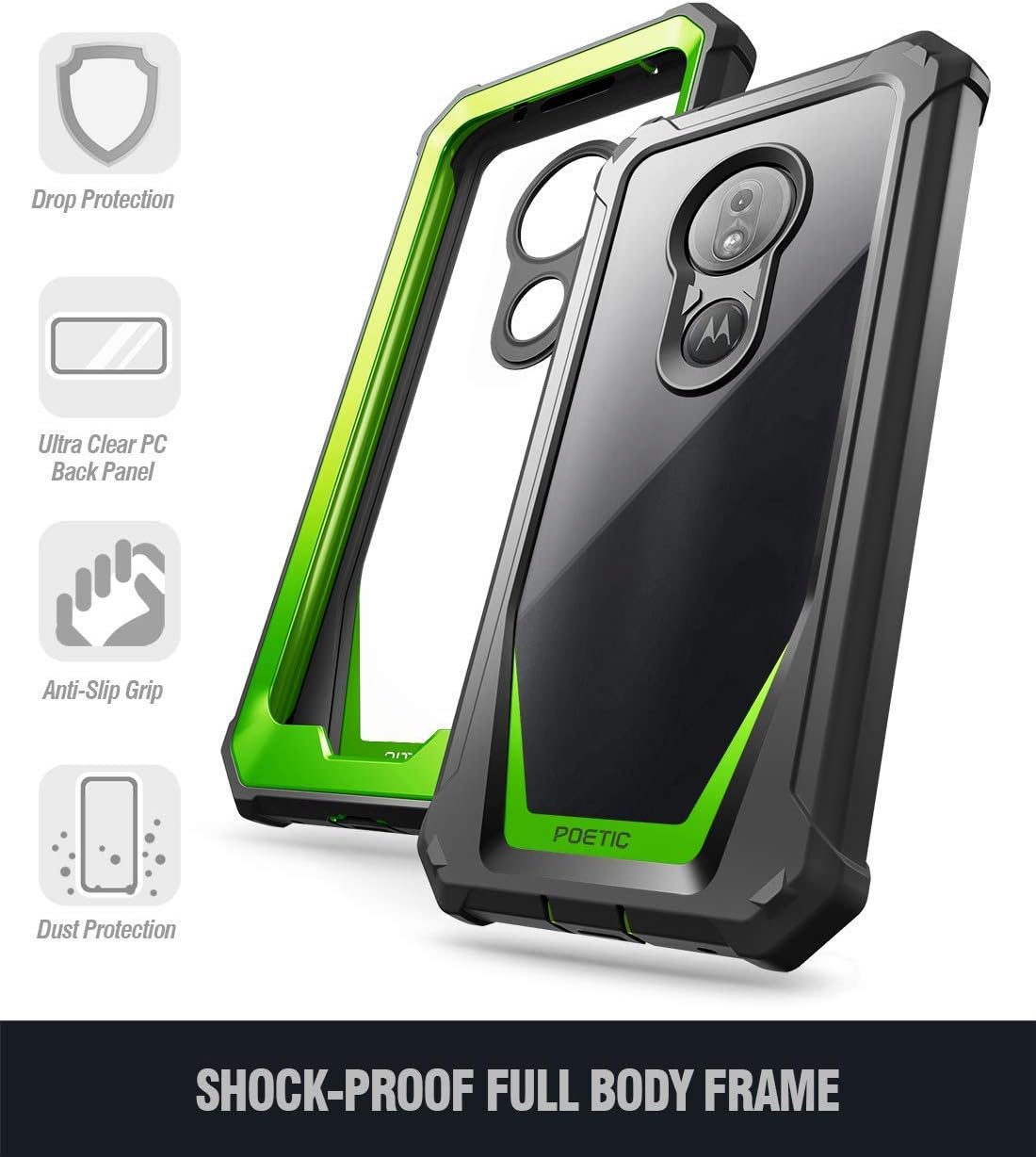 Moto G7 Play Rugged Clear Case, Moto G7 Optimo Case, Poetic Full Body Hybrid Shockproof Bumper Cover, Built-in Screen Protector, Guardian Series, DO NOT FIT Moto G7 Or Moto G7 Power, Green/Clear